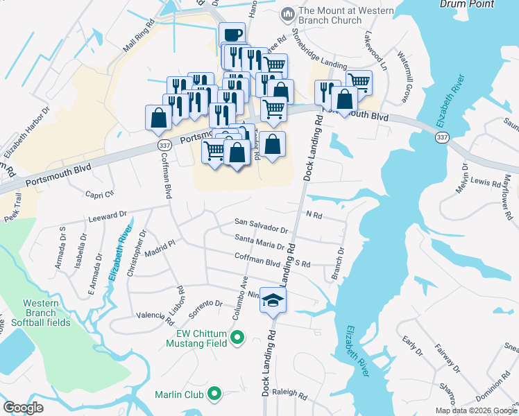 map of restaurants, bars, coffee shops, grocery stores, and more near 4020 Lisas Cove Way in Chesapeake