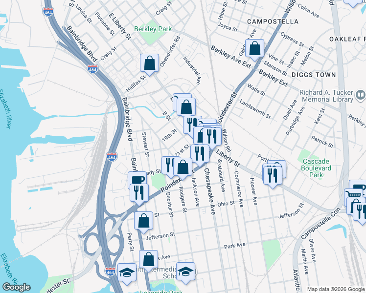 map of restaurants, bars, coffee shops, grocery stores, and more near 1323 21st Street in Chesapeake