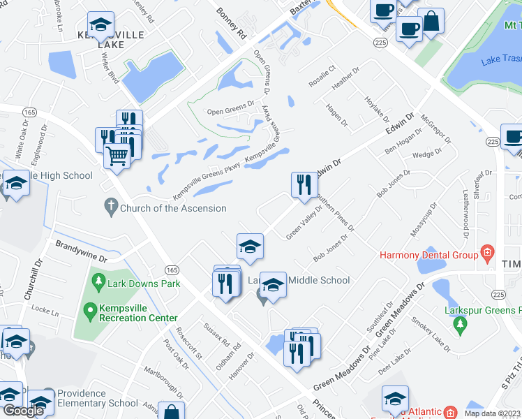 map of restaurants, bars, coffee shops, grocery stores, and more near 644 Meadows Drive in Virginia Beach