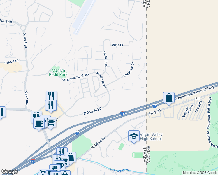 map of restaurants, bars, coffee shops, grocery stores, and more near 621 Mesa Boulevard in Mesquite