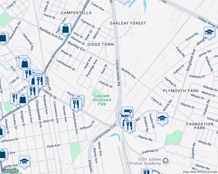 map of restaurants, bars, coffee shops, grocery stores, and more near 1006 Annette Street in Chesapeake