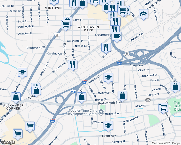 map of restaurants, bars, coffee shops, grocery stores, and more near 227 Choate Street in Portsmouth