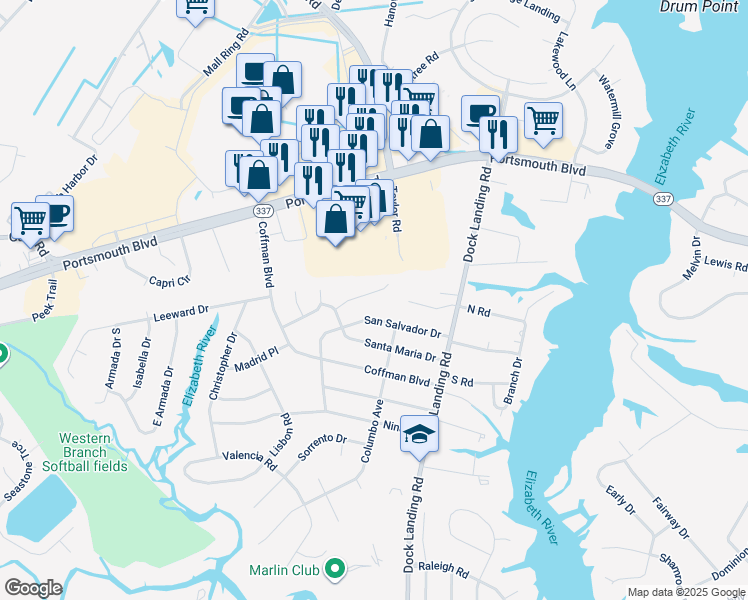 map of restaurants, bars, coffee shops, grocery stores, and more near 4117 Mystic Cove in Chesapeake