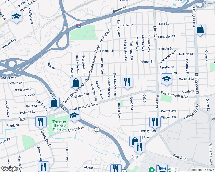 map of restaurants, bars, coffee shops, grocery stores, and more near 2420 Piedmont Avenue in Portsmouth