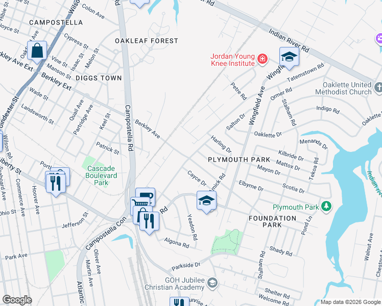 map of restaurants, bars, coffee shops, grocery stores, and more near 1508 Tatemstown Road in Chesapeake