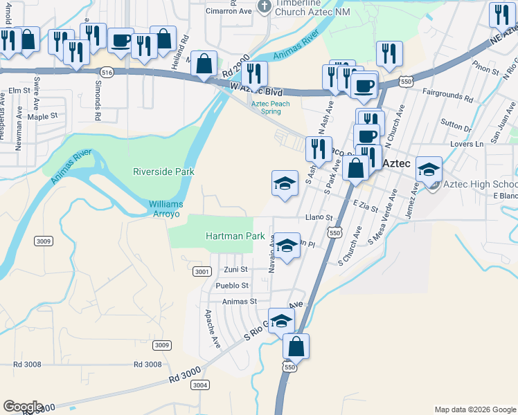 map of restaurants, bars, coffee shops, grocery stores, and more near 481 Llano Street in Aztec