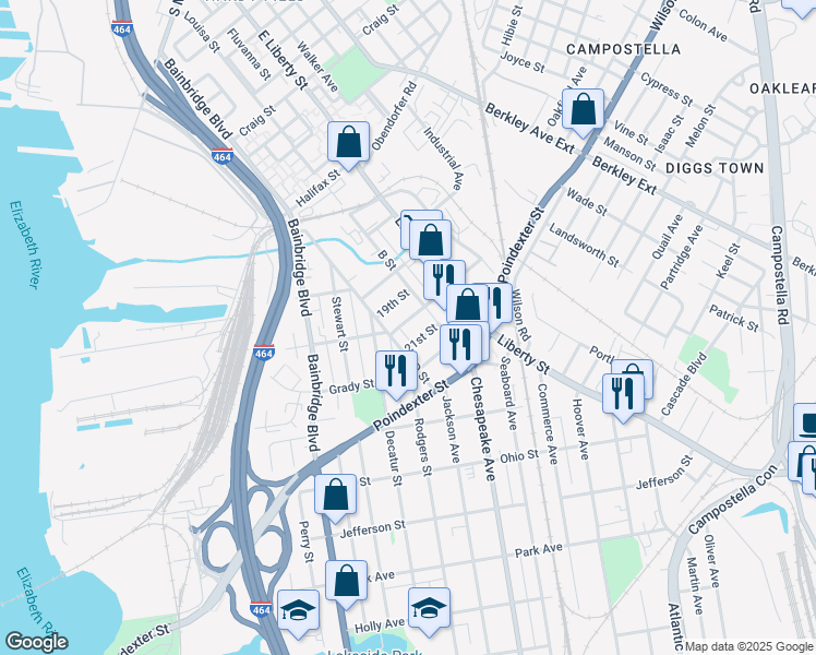 map of restaurants, bars, coffee shops, grocery stores, and more near 1324 20th Street in Chesapeake