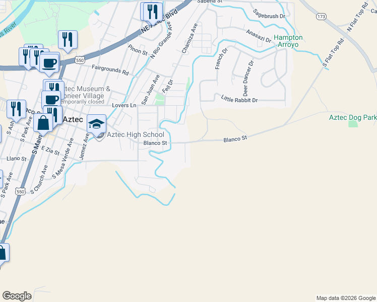 map of restaurants, bars, coffee shops, grocery stores, and more near 202 Swire Heights Drive in Aztec