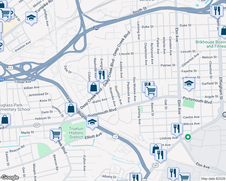 map of restaurants, bars, coffee shops, grocery stores, and more near 2314 Staunton Avenue in Portsmouth