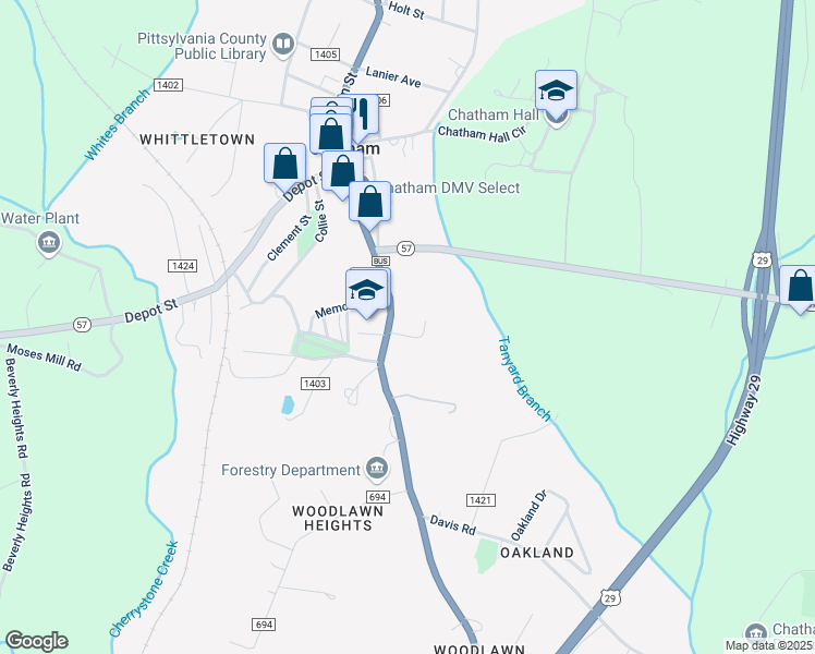 map of restaurants, bars, coffee shops, grocery stores, and more near 315 South Main Street in Chatham