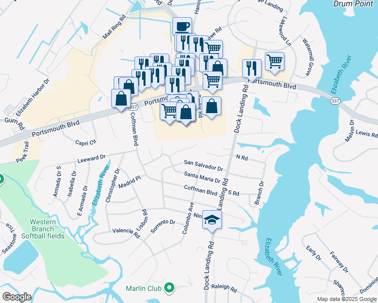 map of restaurants, bars, coffee shops, grocery stores, and more near 4117 Mystic Cove in Chesapeake