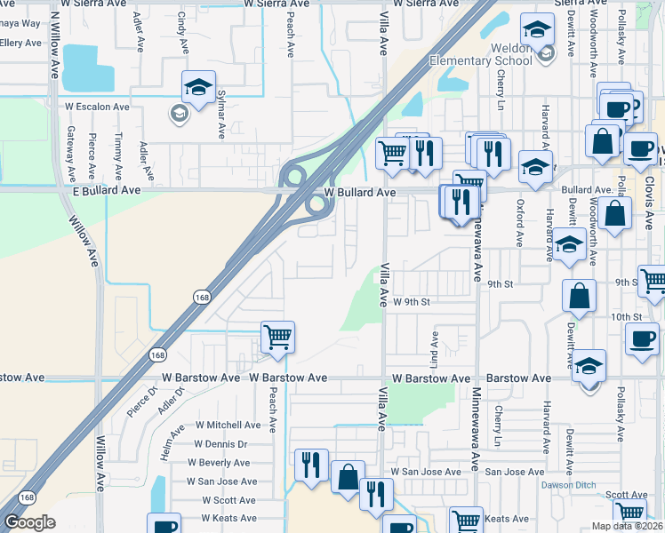 map of restaurants, bars, coffee shops, grocery stores, and more near Mountain Ash Court in Clovis