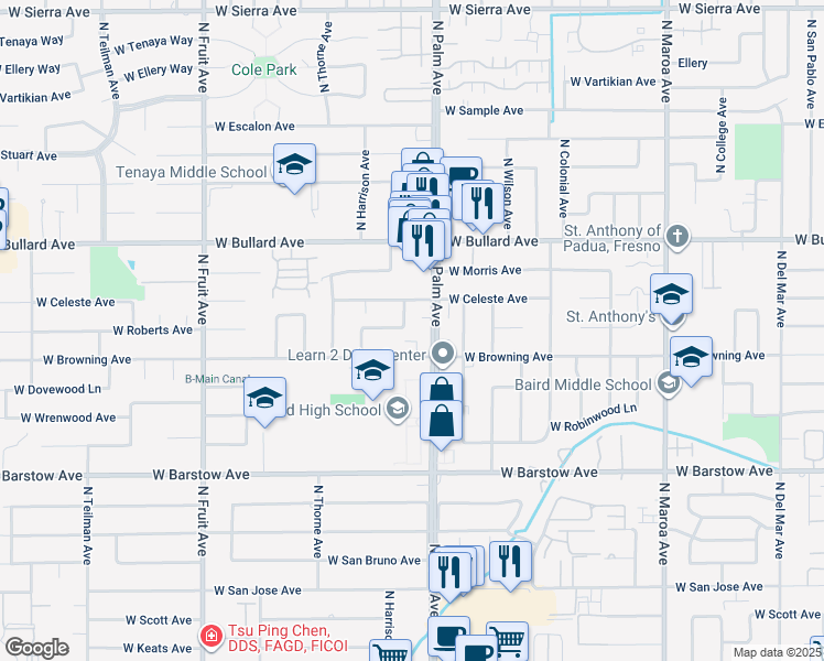 map of restaurants, bars, coffee shops, grocery stores, and more near 1051 West Roberts Avenue in Fresno