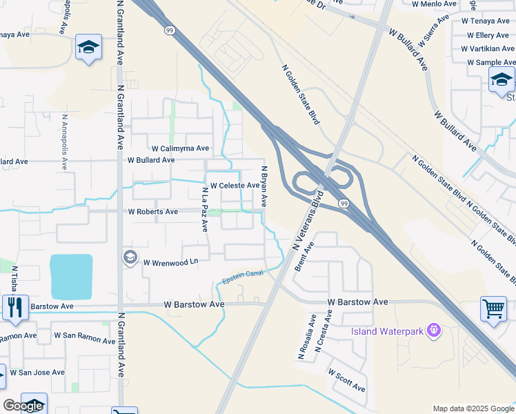 map of restaurants, bars, coffee shops, grocery stores, and more near 6546 West Oswego Avenue in Fresno