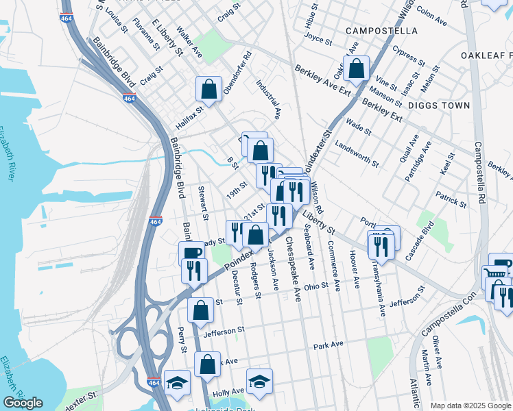 map of restaurants, bars, coffee shops, grocery stores, and more near 1324 20th Street in Chesapeake