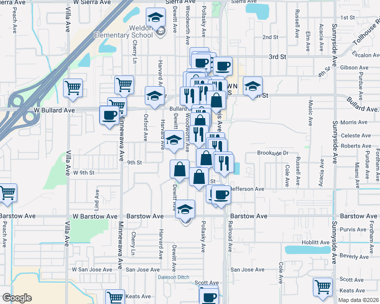 map of restaurants, bars, coffee shops, grocery stores, and more near 520 Eighth Street in Clovis