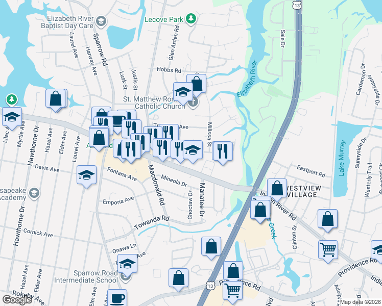 map of restaurants, bars, coffee shops, grocery stores, and more near 1016 Sherry Avenue in Virginia Beach