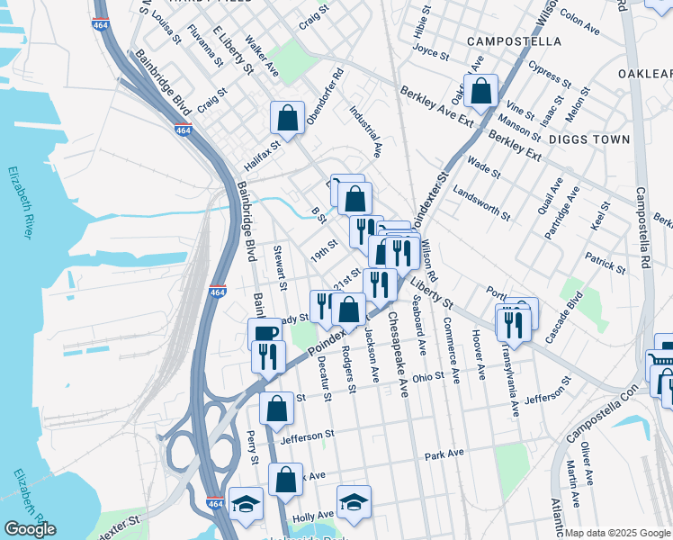 map of restaurants, bars, coffee shops, grocery stores, and more near 1324 20th Street in Chesapeake