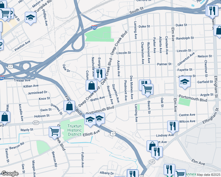 map of restaurants, bars, coffee shops, grocery stores, and more near 2314 Staunton Avenue in Portsmouth