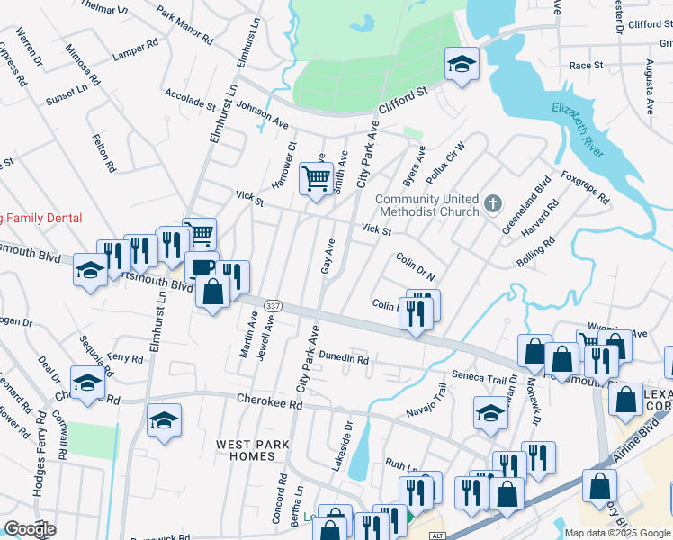map of restaurants, bars, coffee shops, grocery stores, and more near 821 Gay Avenue in Portsmouth