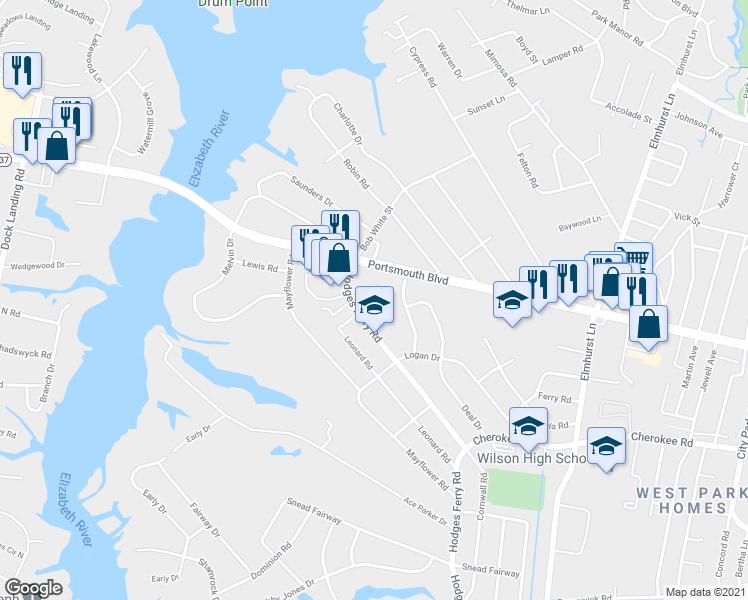map of restaurants, bars, coffee shops, grocery stores, and more near 975 Hodges Ferry Road in Portsmouth