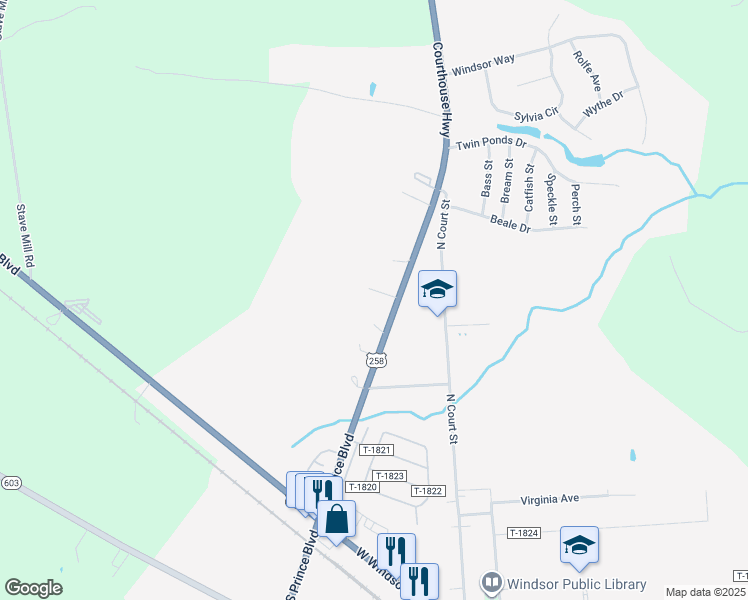 map of restaurants, bars, coffee shops, grocery stores, and more near 23352 U.S. 258 in Windsor