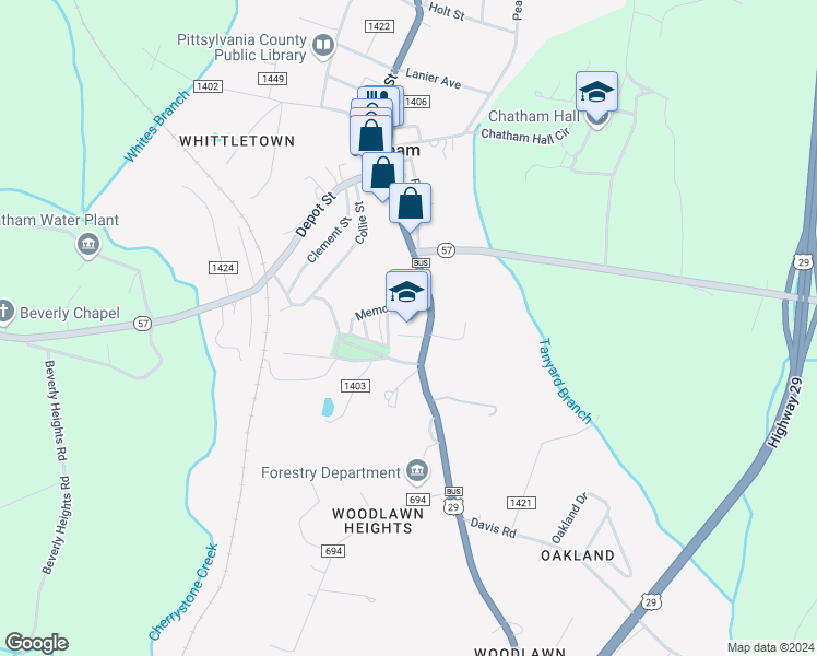 map of restaurants, bars, coffee shops, grocery stores, and more near 326 South Main Street in Chatham