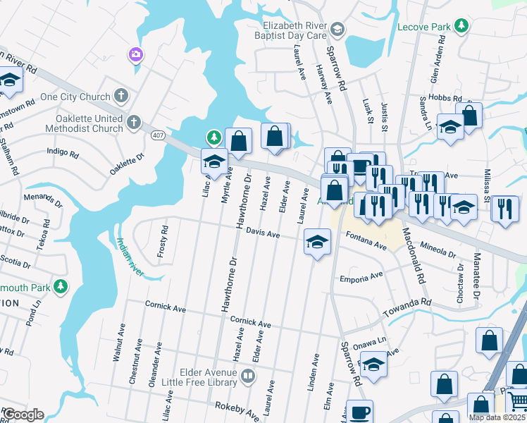 map of restaurants, bars, coffee shops, grocery stores, and more near 1126 Hazel Avenue in Chesapeake