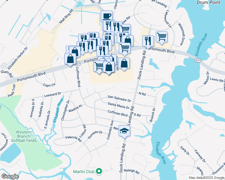 map of restaurants, bars, coffee shops, grocery stores, and more near 4113 Mystic Cove in Chesapeake