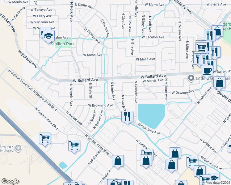 map of restaurants, bars, coffee shops, grocery stores, and more near 5124 West Celeste Avenue in Fresno