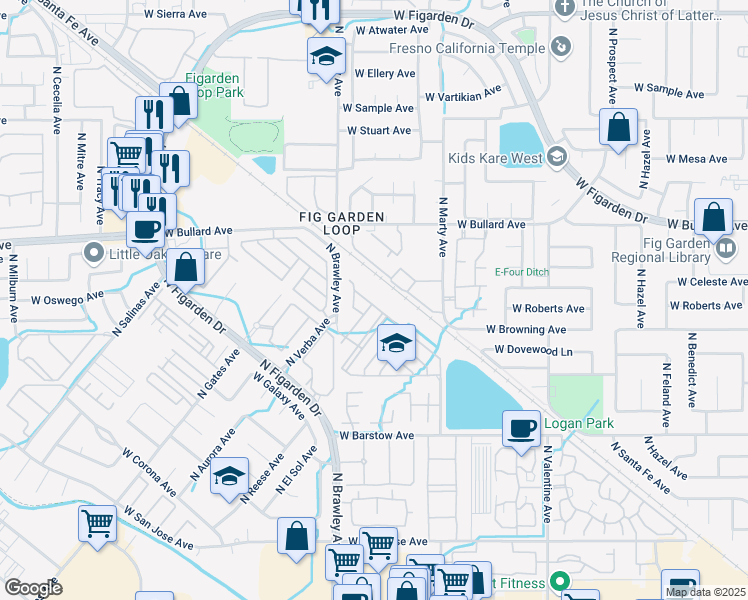 map of restaurants, bars, coffee shops, grocery stores, and more near 3752 West Persimmon Lane in Fresno