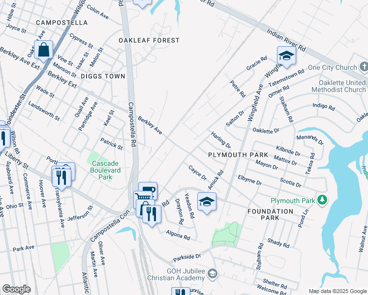 map of restaurants, bars, coffee shops, grocery stores, and more near 2499 Berkley Avenue in Chesapeake