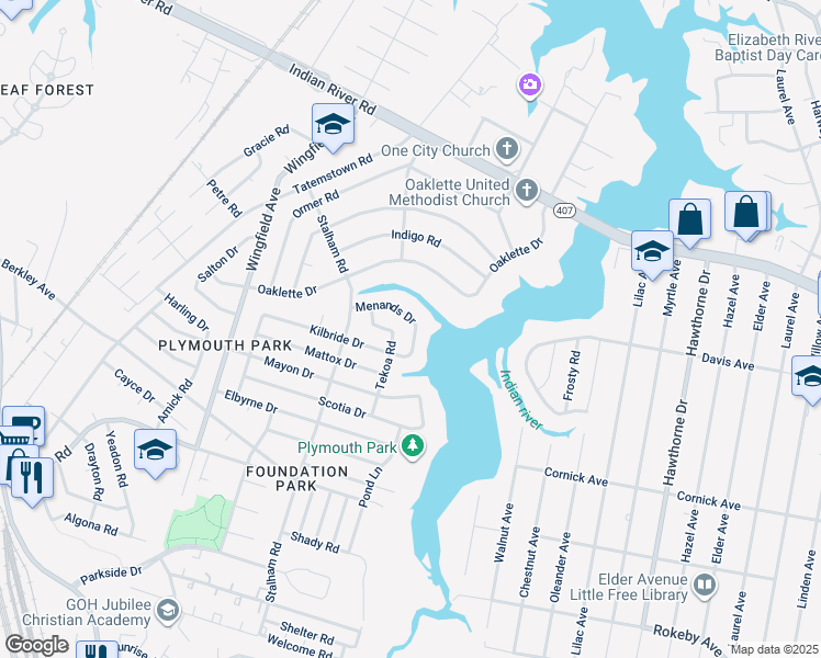 map of restaurants, bars, coffee shops, grocery stores, and more near 3014 Yakima Road in Chesapeake