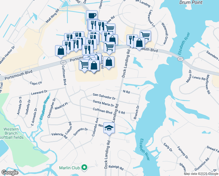 map of restaurants, bars, coffee shops, grocery stores, and more near 4016 Lisas Cove Way in Chesapeake