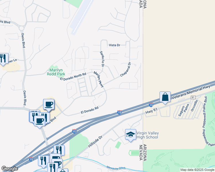 map of restaurants, bars, coffee shops, grocery stores, and more near 621 Mesa Boulevard in Mesquite