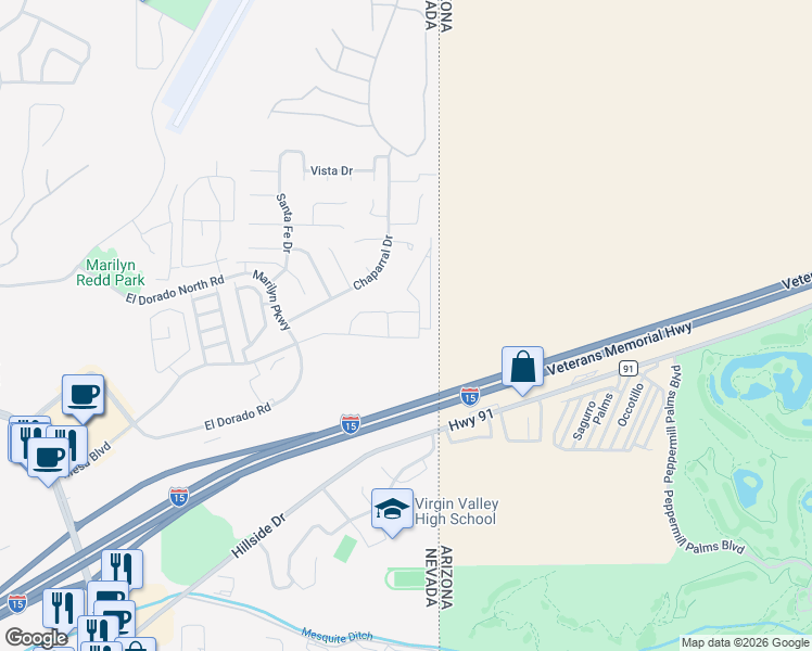 map of restaurants, bars, coffee shops, grocery stores, and more near 933 Mesa Boulevard in Mesquite