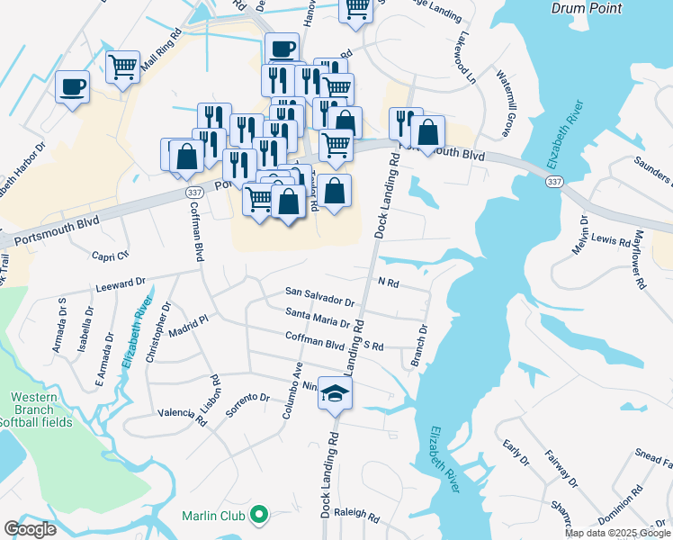 map of restaurants, bars, coffee shops, grocery stores, and more near 4016 Lisas Cove Way in Chesapeake