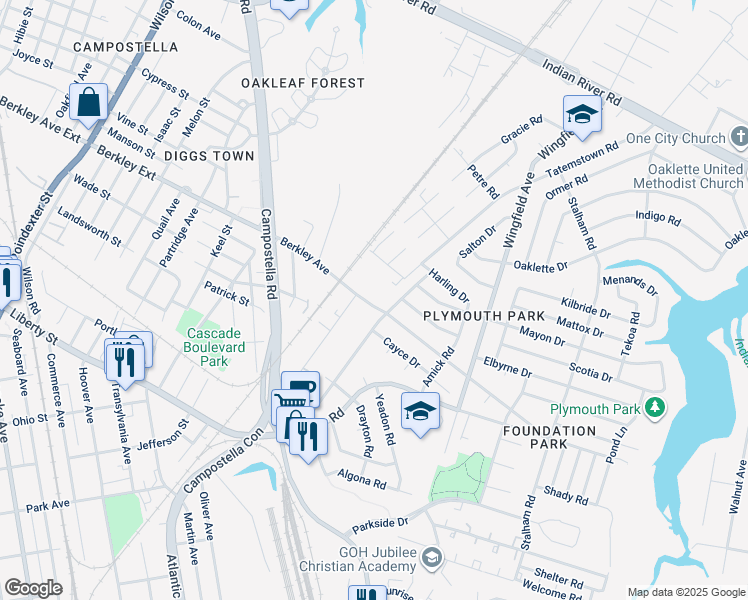 map of restaurants, bars, coffee shops, grocery stores, and more near 2499 Berkley Avenue in Chesapeake