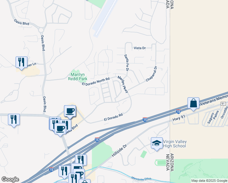 map of restaurants, bars, coffee shops, grocery stores, and more near 726 Mountain Ridge Street in Mesquite