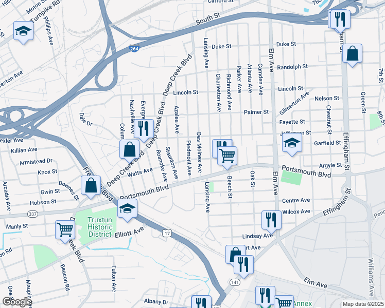 map of restaurants, bars, coffee shops, grocery stores, and more near 2411 Piedmont Avenue in Portsmouth