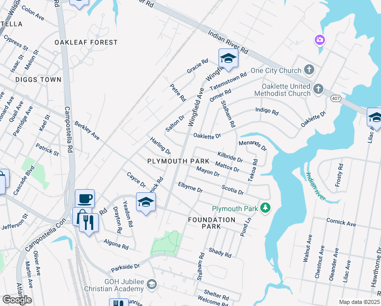 map of restaurants, bars, coffee shops, grocery stores, and more near 1443 Salton Drive in Chesapeake
