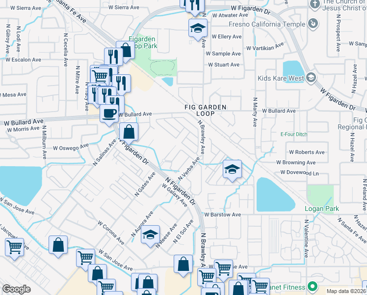 map of restaurants, bars, coffee shops, grocery stores, and more near 4043 West Fig Tree Lane in Fresno