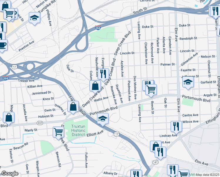 map of restaurants, bars, coffee shops, grocery stores, and more near 2600 Roanoke Avenue in Portsmouth