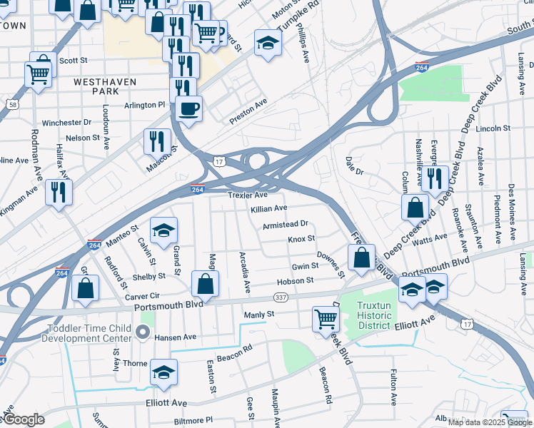 map of restaurants, bars, coffee shops, grocery stores, and more near 3320 Killian Avenue in Portsmouth