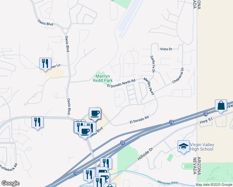map of restaurants, bars, coffee shops, grocery stores, and more near 441 Mesa Boulevard in Mesquite