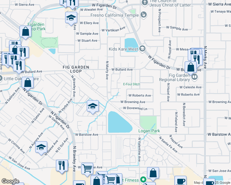 map of restaurants, bars, coffee shops, grocery stores, and more near 5640 North Marty Avenue in Fresno