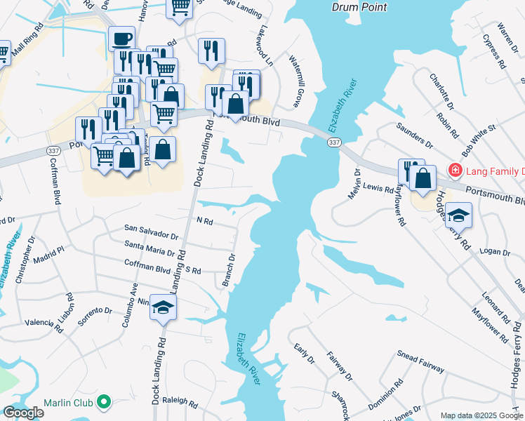 map of restaurants, bars, coffee shops, grocery stores, and more near 2277 Branch Drive in Chesapeake