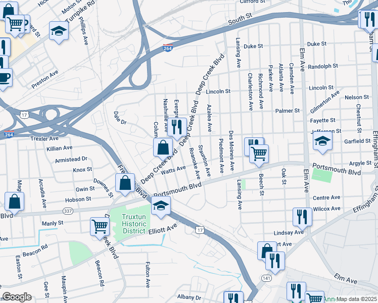 map of restaurants, bars, coffee shops, grocery stores, and more near 2600 Roanoke Avenue in Portsmouth