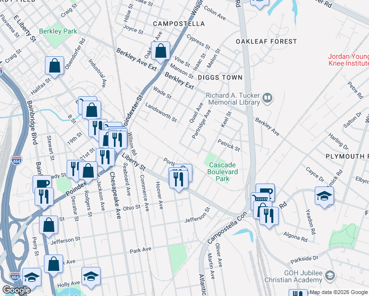 map of restaurants, bars, coffee shops, grocery stores, and more near 838 Partridge Avenue in Chesapeake