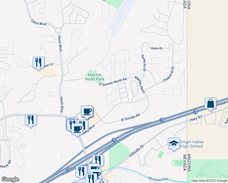 map of restaurants, bars, coffee shops, grocery stores, and more near 467 Mesa Boulevard in Mesquite